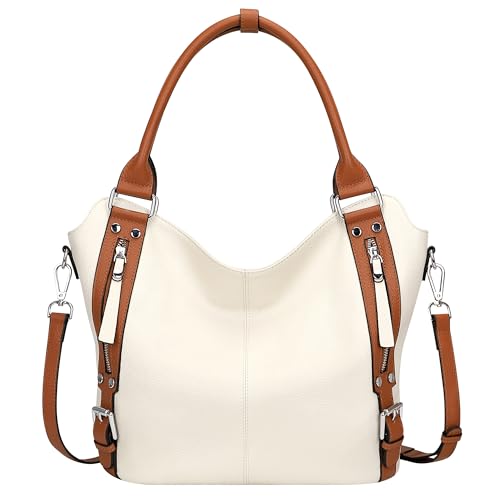 Over Earth Genuine Leather Handbags for Women Hobo Shoulder Bags Ladies Tote Bag(O172E Beige/Brown) - Image 1