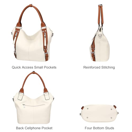 Over Earth Genuine Leather Handbags for Women Hobo Shoulder Bags Ladies Tote Bag(O172E Beige/Brown) - Image 3