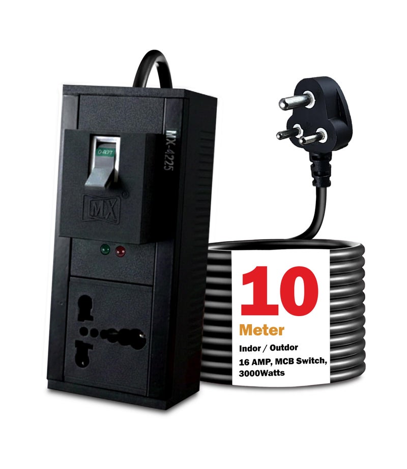 MX Single Socket Extension Board with 10 Meter Heavy Duty Long Wire Cord 3000W Single 16A Socket to 15A Plug,3 Pin Plug with 32AMP MCB Switch & Child Safety Shutter 16 amp Extension Cord - Image 1