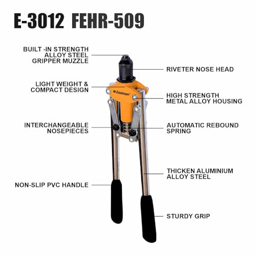 Eastman Hand Riveters 509 mm Pop Rivet Gun Fast Hitting Professional Chrome Handled Riveting Tool for Metal Furniture Automotive Home Workshop (E-3012) - Image 3
