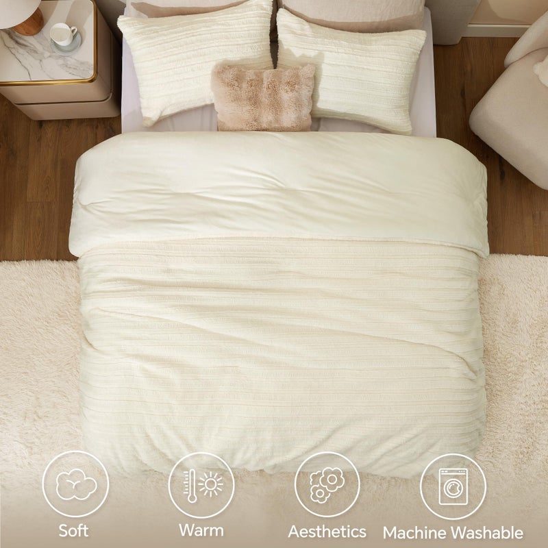 BEDELITE Fleece Queen Comforter Set -Super Soft & Warm Fluffy Cream White Faux Fur Bedding, Luxury Fuzzy Heavy Bed Set for Winter with 2 Pillow Cases - Image 3