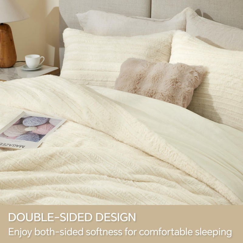BEDELITE Fleece Queen Comforter Set -Super Soft & Warm Fluffy Cream White Faux Fur Bedding, Luxury Fuzzy Heavy Bed Set for Winter with 2 Pillow Cases - Image 4