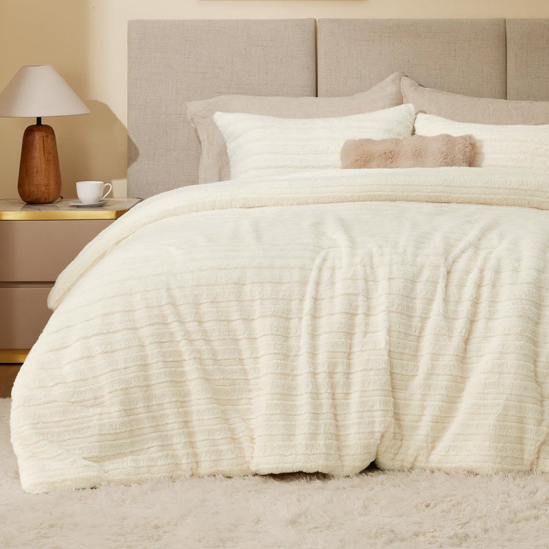 BEDELITE Fleece Queen Comforter Set -Super Soft & Warm Fluffy Cream White Faux Fur Bedding, Luxury Fuzzy Heavy Bed Set for Winter with 2 Pillow Cases - Image 1