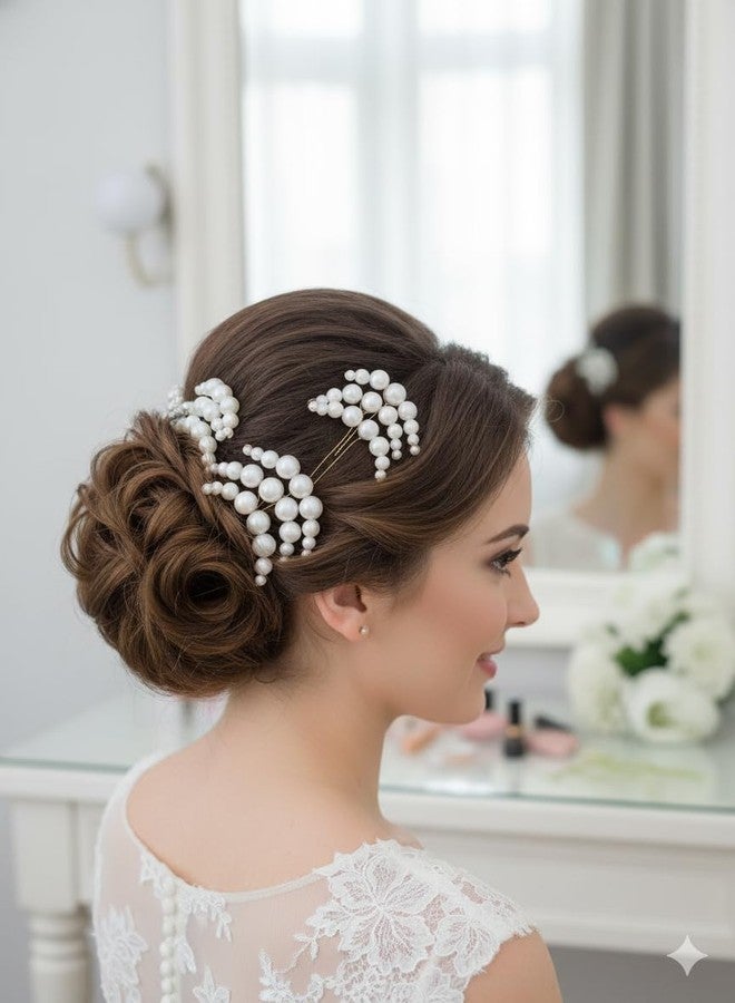 DHANABAPA Pearl Artificial Bridal Wedding Hair Accessories, Gajra Juda Pin, Juda Bun Hair Clip, Artificial Flowers for Hair, Fancy Pearl Juda Accessories for Women & Girls, Long Hair, (9 Pcs - Silver.) - Image 3