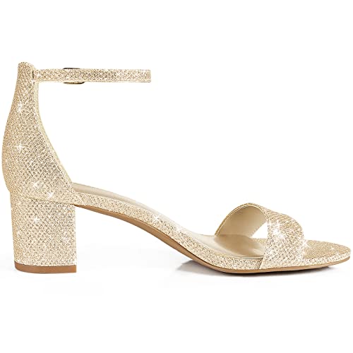PIZZ ANNU Women's Low Block Heels 2 Inch Sandals Chunky Open Toe Ankle Strap Wedding Dress Pump Shoes For Women Brides Ladies, Gold Glitter 9 - Image 3