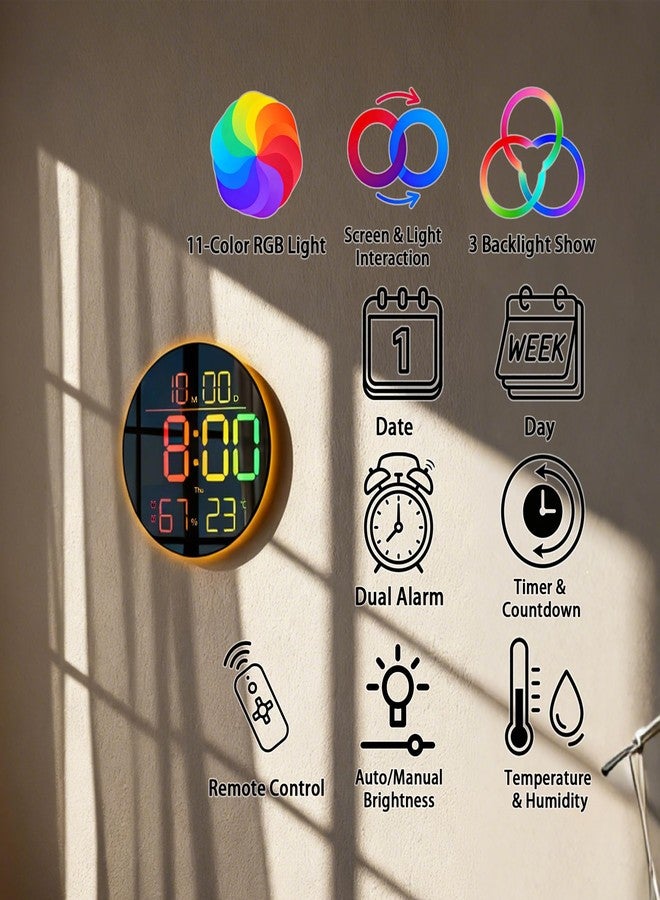 45MinST 10-Inch RGB LED Digital Wall Clock with Temperature, Humidity, and Date Display｜Dual Alarms, Countdown Timer, 11 Backlight Colors, Auto Brightness, Silent Operation｜Modern Decor for Home&Office - Image 2