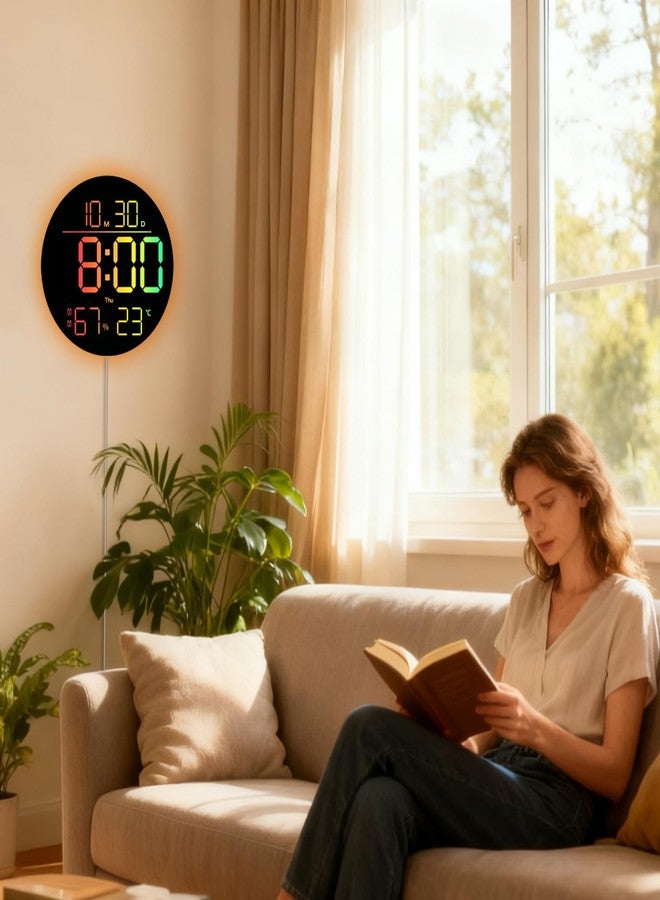 45MinST 10-Inch RGB LED Digital Wall Clock with Temperature, Humidity, and Date Display｜Dual Alarms, Countdown Timer, 11 Backlight Colors, Auto Brightness, Silent Operation｜Modern Decor for Home&Office - Image 5