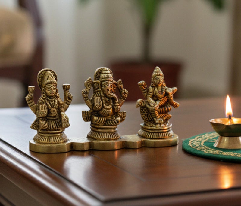 ESPLANADE Brass - Laxmi Ganesh Saraswati Idols | Ganesha Lakshmi Sculpture Murti Idol Statue | for Home Temple, Office Mandir, Home Decor (2" Height), Gold - Image 1