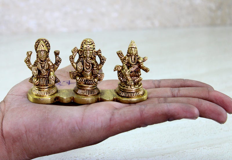 ESPLANADE Brass - Laxmi Ganesh Saraswati Idols | Ganesha Lakshmi Sculpture Murti Idol Statue | for Home Temple, Office Mandir, Home Decor (2" Height), Gold - Image 4
