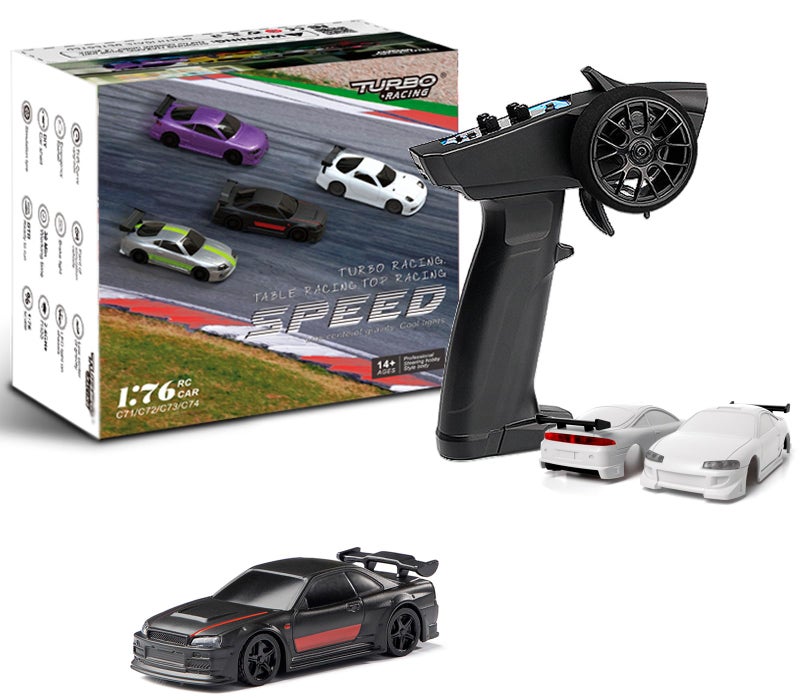 Flycolor سيارة سباق FLYCOLOR Turbo RC 1:76 الرياضية الصغيرة 4CH 2.4GHZ مع تحكم عن بعد مجموعة RTR كاملة مع 2 غلاف جسم قابل للتبديل (C74-أسود) - Image 1