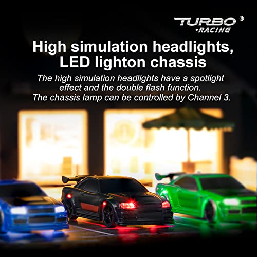 Flycolor سيارة سباق FLYCOLOR Turbo RC 1:76 الرياضية الصغيرة 4CH 2.4GHZ مع تحكم عن بعد مجموعة RTR كاملة مع 2 غلاف جسم قابل للتبديل (C74-أسود) - Image 2