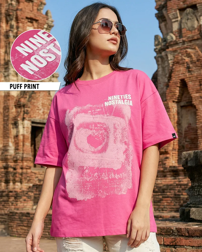 Women's Bubblegum Pink Nostalgia Graphic Printed Oversized T-shirt