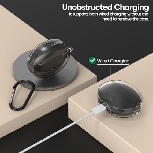 Sounce Clear Protective Case Compatible with OnePlus Buds 4 Transparent Shockproof Silicone Cover with Visible Charging LED Heavy Duty Carabiner Anti Scratch Drop Protection Accessory (Transparent) - Image 2