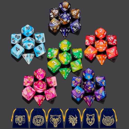QMAY DND Dice Set QMay 42pcs Polyhedral Dice 6 Complete DoubleColors DD Dice Sets with 6 Blue Drawstring Bags for Dungeons and Dragons RPG MTG Table Games - Image 1