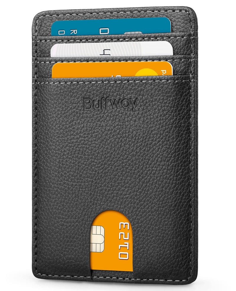 Buffway Mens Slim Wallet, Minimalist Thin Front Pocket Leather Credit Card Holder with RFID Blocking for Work Travel - Chicago Black - Image 1