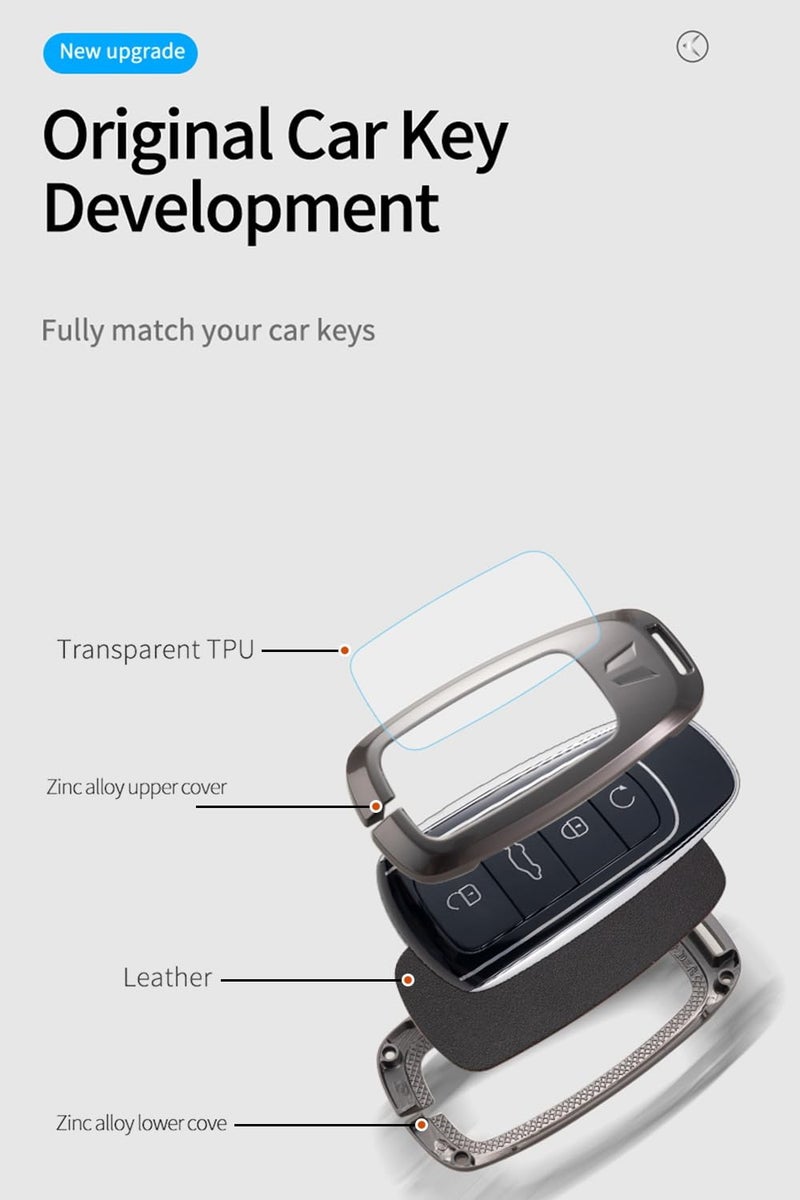 ontto Key Fob Holder Transparent Front Cover Fit for Chery Tiggo 9 Tiggo 8 PRO Tiggo 8 PRO MAX Tiggo 7 PRO MAX Omoda 5/C5 Jaecoo 7 Arrizo 5,Metal and Leather Car Key Skin,Grey - Image 4