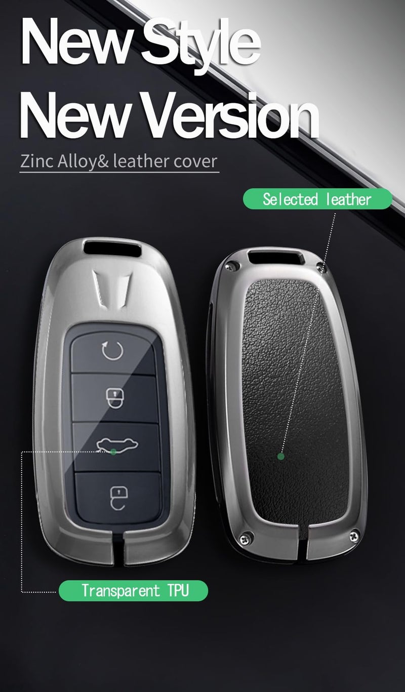 ontto Key Fob Holder Transparent Front Cover Fit for Chery Tiggo 9 Tiggo 8 PRO Tiggo 8 PRO MAX Tiggo 7 PRO MAX Omoda 5/C5 Jaecoo 7 Arrizo 5,Metal and Leather Car Key Skin,Grey - Image 3