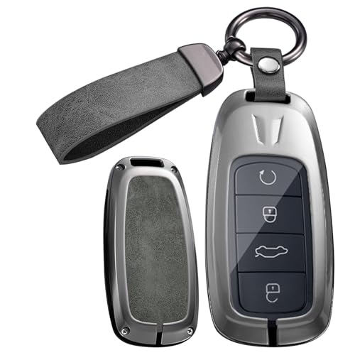 ontto Key Fob Holder Transparent Front Cover Fit for Chery Tiggo 9 Tiggo 8 PRO Tiggo 8 PRO MAX Tiggo 7 PRO MAX Omoda 5/C5 Jaecoo 7 Arrizo 5,Metal and Leather Car Key Skin,Grey - Image 1