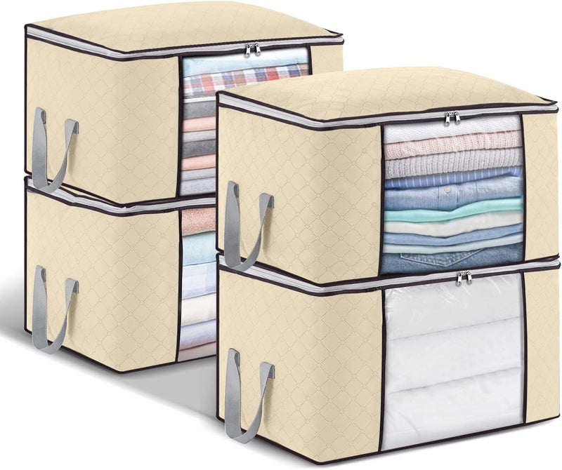 4Pack 90L Large Capacity Clothes Storage Bag Solution Organizer with Zips,Reinforced Handles Thick Fabric Foldable Duvet Storage Bag Anti-Mold Closet Storage Boxes for Comforters,Blankets,Bedding - Image 1
