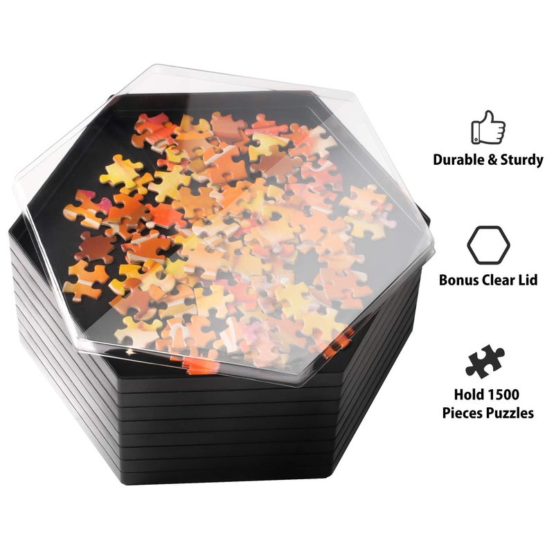Becko US Stackable Puzzle Sorting Trays Jigsaw Puzzle Sorters with Lid Puzzle Accessory for Puzzles Up to 1500 Pieces, 8 Hexagonal Trays (Black) - Image 4