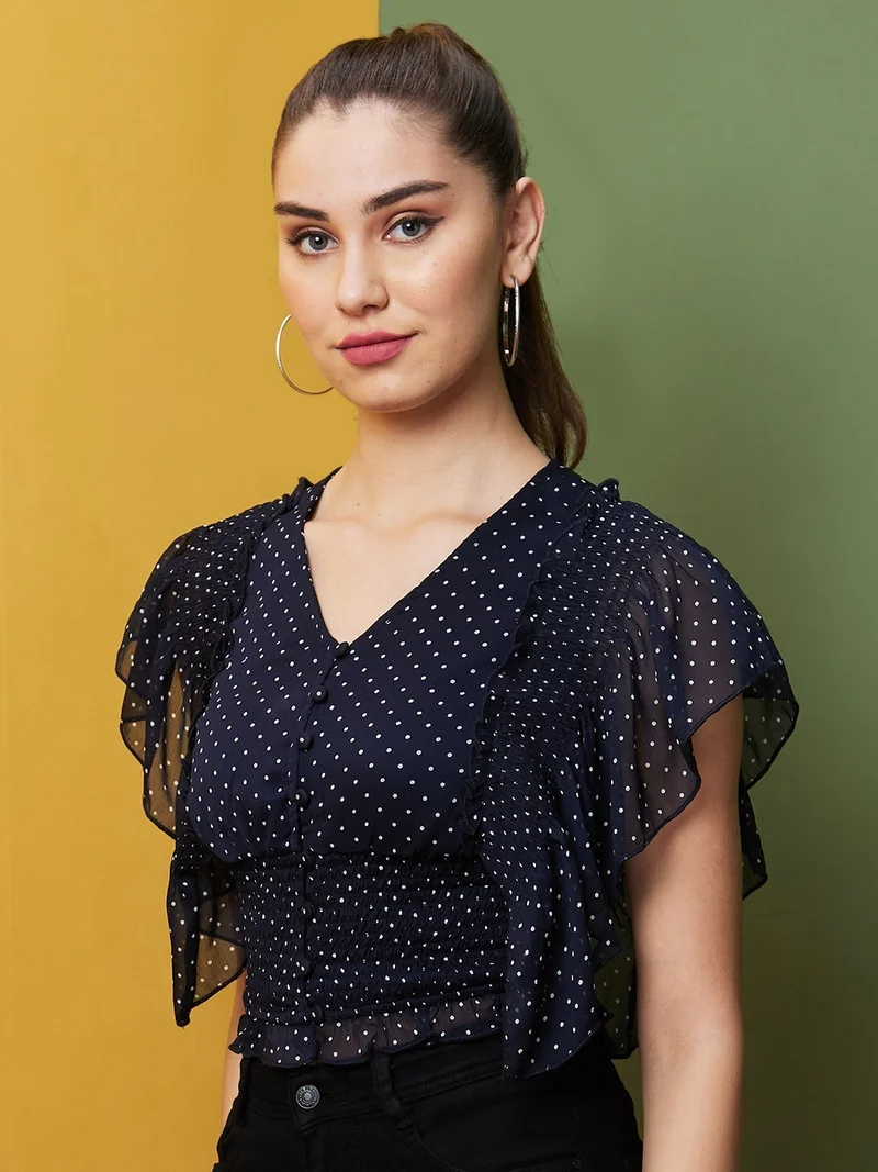globus Globus Women Polka Dot Printed Flutter Sleeve Georgette Crop Top