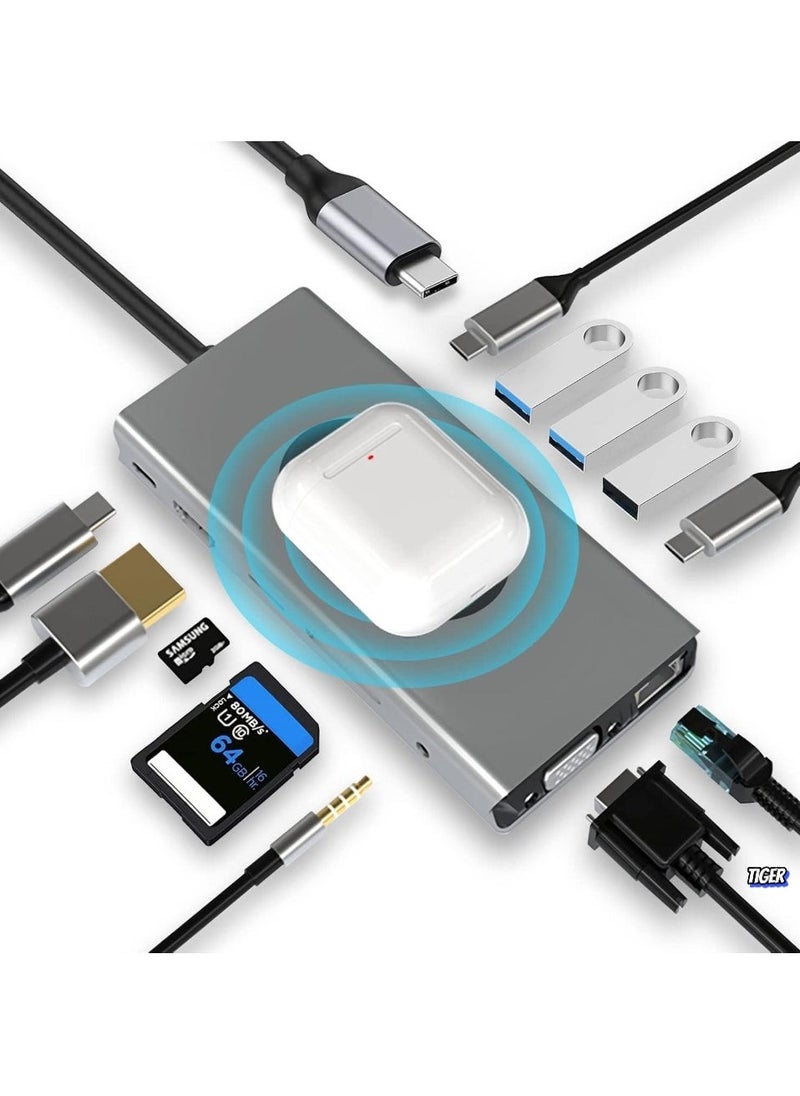 TIGER - 13-in-1 USB C Docking Station with Wireless Charging, 4K HDMI, VGA, USB 3.0, USB C, Ethernet, SD/TF Card Reader – Multiport Dock for MacBook Pro, Type-C Laptops & Devices – Expand Connectivity, Power Delivery, High-Speed Data Transfer & More - Image 1