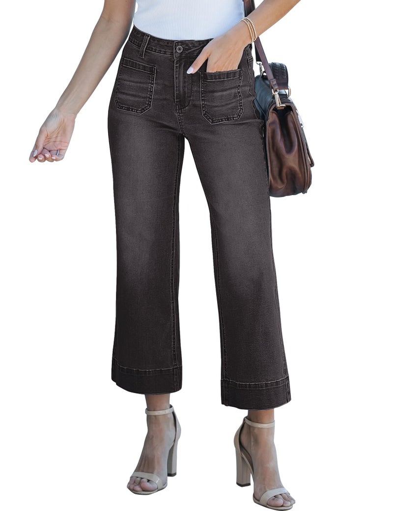 Luvamia Wide Leg High Waisted Flare Jeans - Cropped Stretchy Baggy Mom Jeans with Patch Pockets - Grey Dark Gray Size 12/14 - Image 1