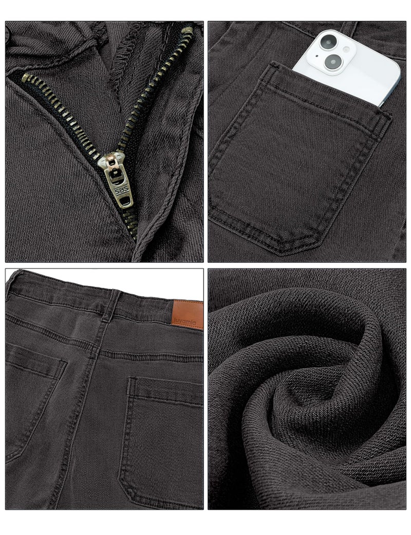 Luvamia Wide Leg High Waisted Flare Jeans - Cropped Stretchy Baggy Mom Jeans with Patch Pockets - Grey Dark Gray Size 12/14 - Image 5