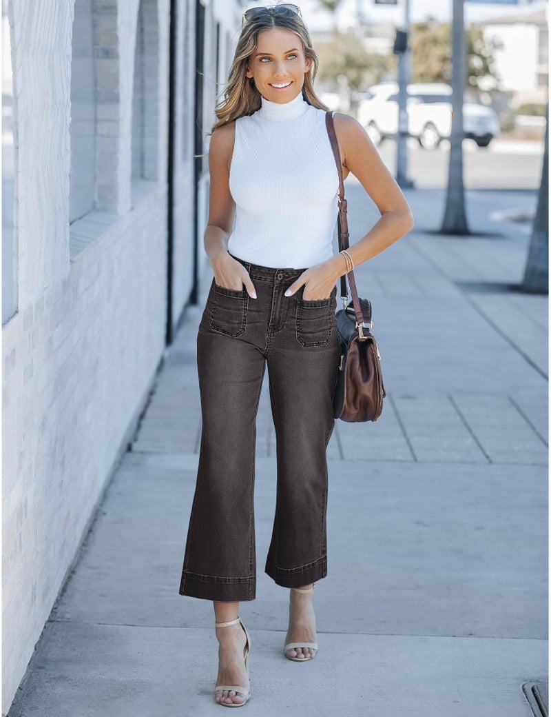 Luvamia Wide Leg High Waisted Flare Jeans - Cropped Stretchy Baggy Mom Jeans with Patch Pockets - Grey Dark Gray Size 12/14 - Image 4
