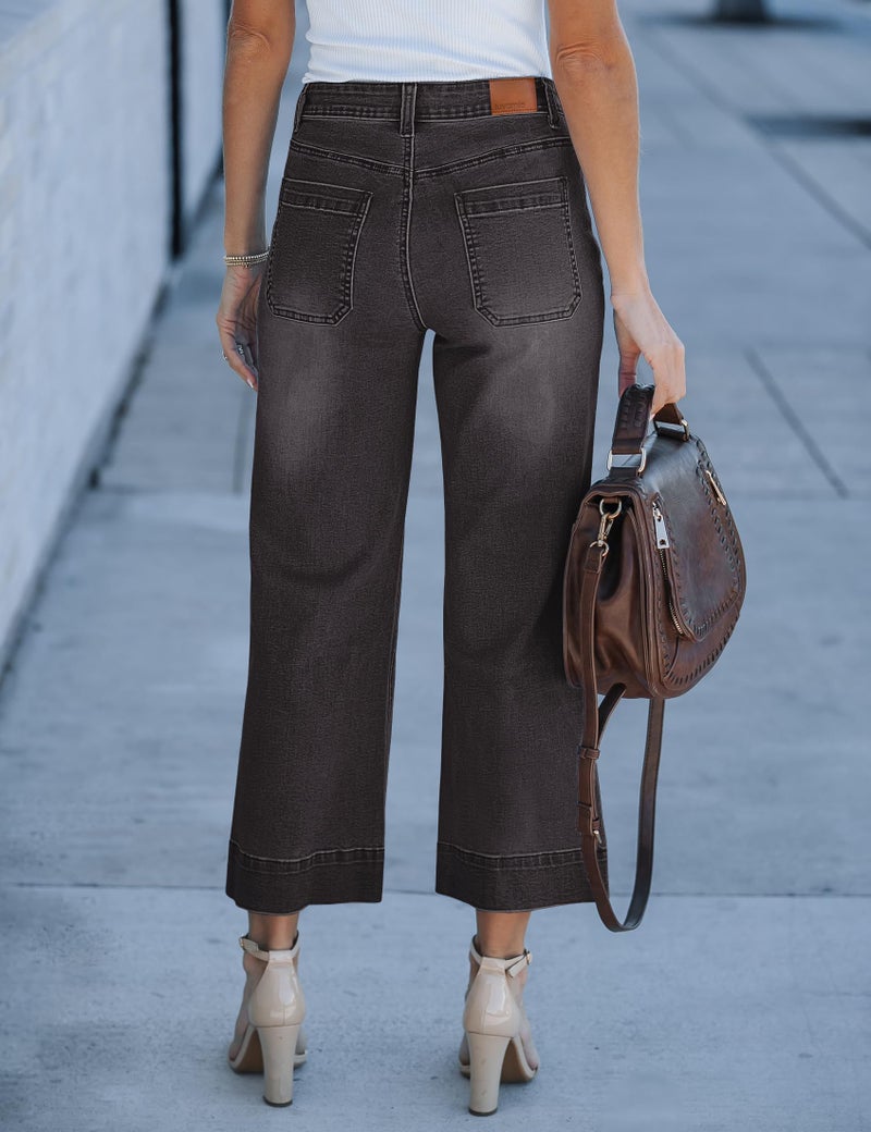 Luvamia Wide Leg High Waisted Flare Jeans - Cropped Stretchy Baggy Mom Jeans with Patch Pockets - Grey Dark Gray Size 12/14 - Image 2