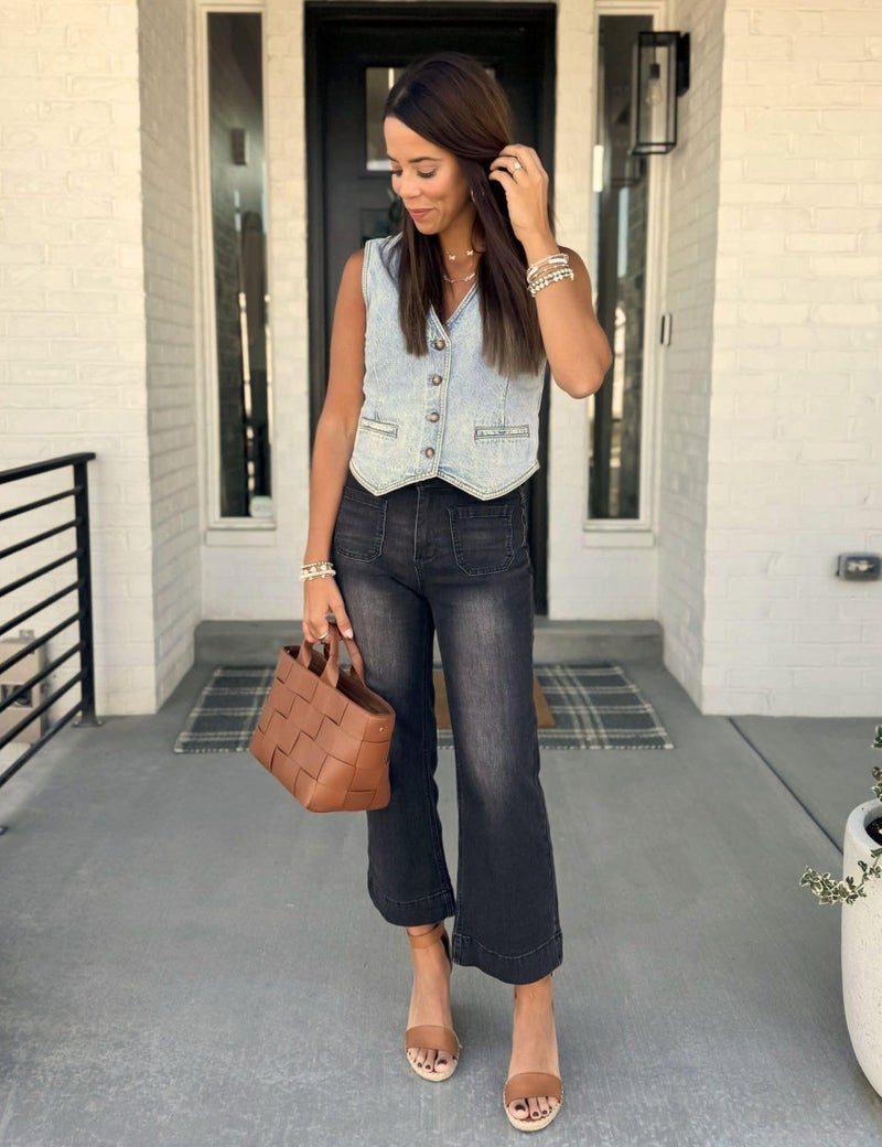 Luvamia Wide Leg High Waisted Flare Jeans - Cropped Stretchy Baggy Mom Jeans with Patch Pockets - Grey Dark Gray Size 12/14 - Image 3