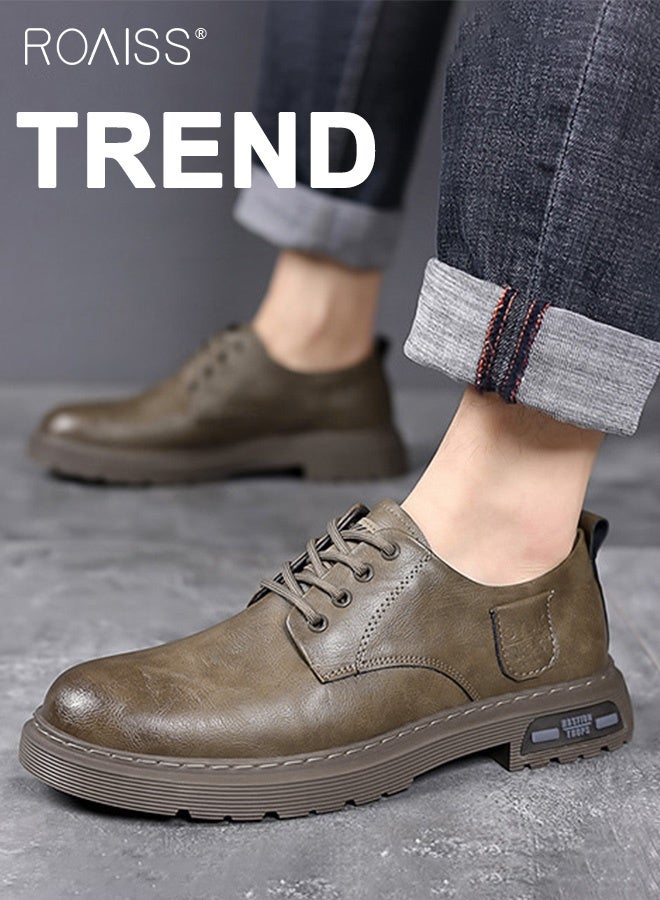 roaiss Men's Genuine Casual Leather Shoes Lace-Up Oxfords Comfortable Round Toe Non Slip Work Shoes for Mature Man Casual Fashion Business Dress Shoes Khaki  - Image 1