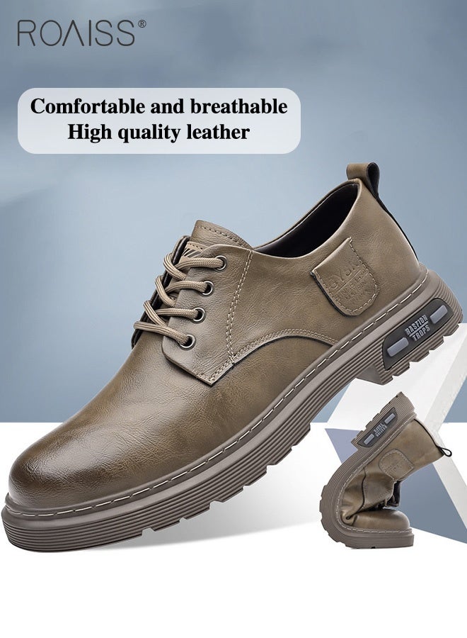 roaiss Men's Genuine Casual Leather Shoes Lace-Up Oxfords Comfortable Round Toe Non Slip Work Shoes for Mature Man Casual Fashion Business Dress Shoes Khaki  - Image 2