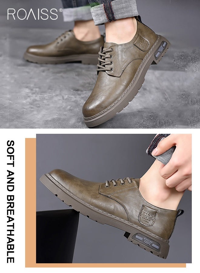 roaiss Men's Genuine Casual Leather Shoes Lace-Up Oxfords Comfortable Round Toe Non Slip Work Shoes for Mature Man Casual Fashion Business Dress Shoes Khaki  - Image 4
