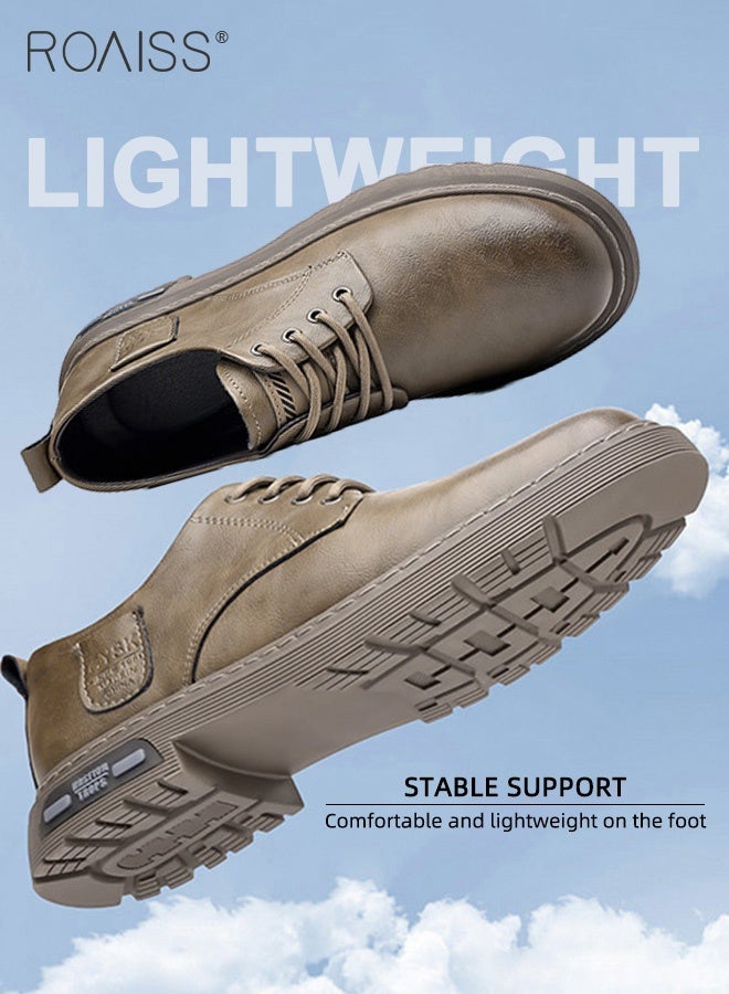 roaiss Men's Genuine Casual Leather Shoes Lace-Up Oxfords Comfortable Round Toe Non Slip Work Shoes for Mature Man Casual Fashion Business Dress Shoes Khaki  - Image 3