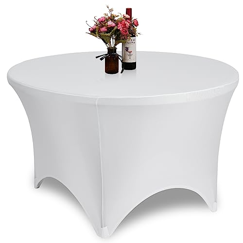 GFCC 4 Foot (48") Table White Round Stretch Tablecloth Spandex Fitted Stretchable Elastic Tablecloth - Image 1