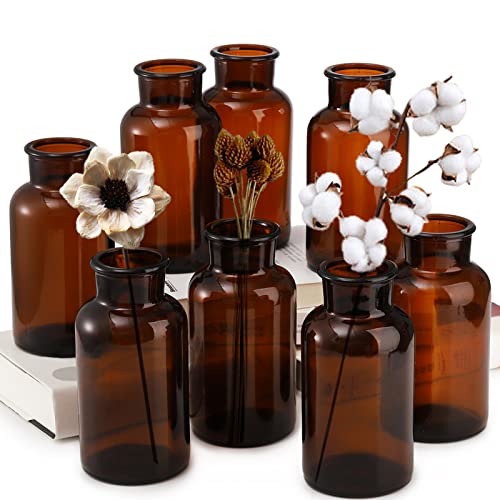 TOPZEA Set of 8 Amber Glass Vase 17oz Boho Flower Vase Bud Vases Decorative Brown Medicine Glass Bottles Vintage Small Apothecary Jars for Home Dcor Dining Table Wedding Centerpiece Bridal Shower