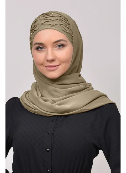 التوبة Ribbed Beaded Pleated Practical Chiffon Hijab Shawl-Dark Beige