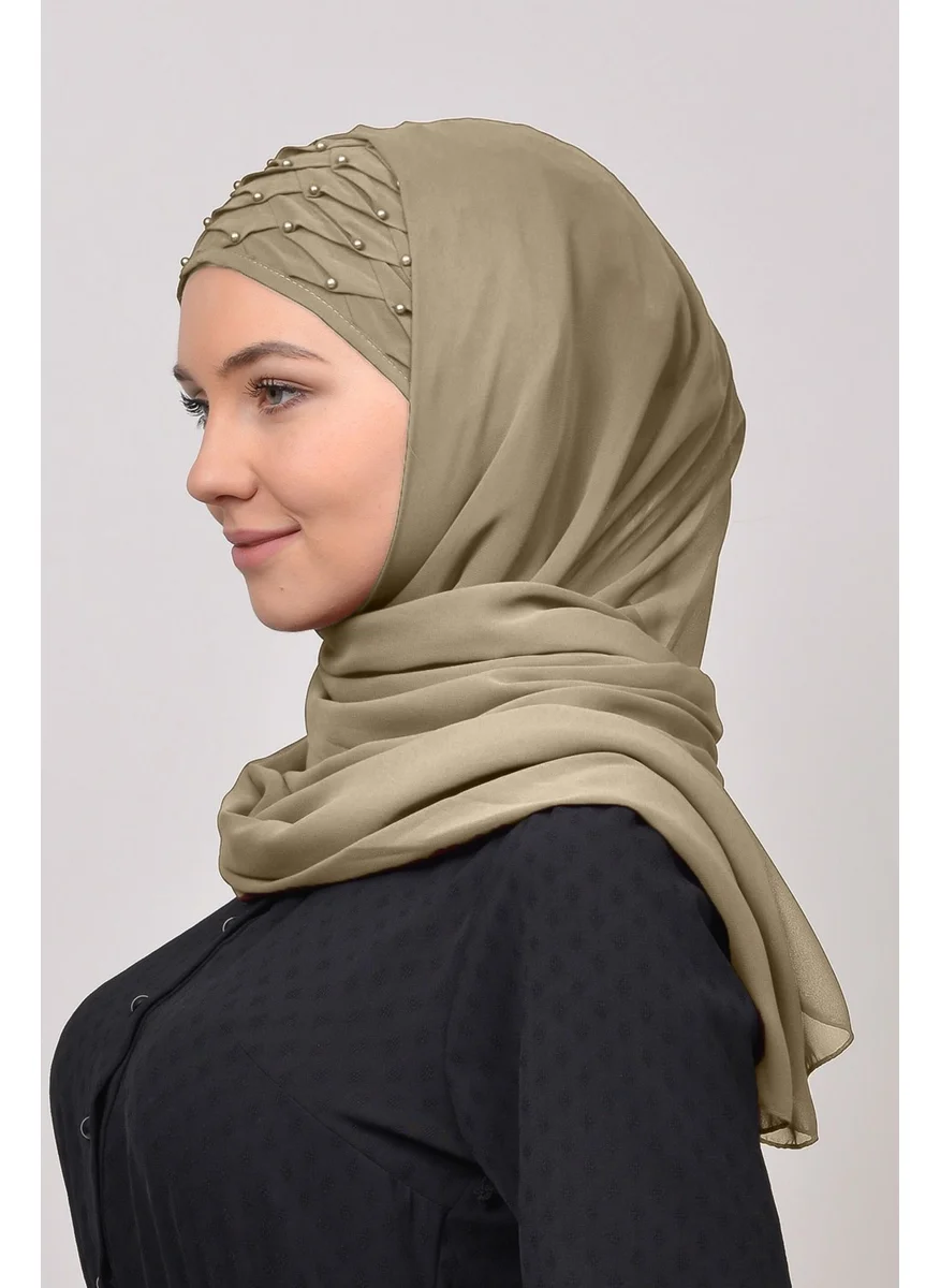 Altobeh Ribbed Beaded Pleated Practical Chiffon Hijab Shawl-Dark Beige