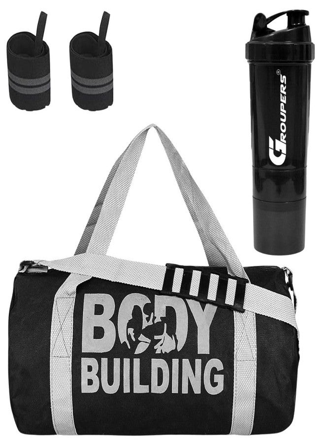 Groupers Gym Kit Combo - Black Waterproof Duffle Bag (43×25×23 cm) + Wrist Wraps, Wrist Band & 500ml BPA-Free Shaker | Travel & Workout Set - Image 1