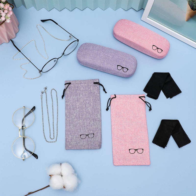 Frienda Frienda 2 Set Hard Shell Fabric Eyeglasses Case Kit Women Men Glasses Protective Case Storage Bag Glasses Chain Cleaning Cloth (Pink, Purple)  - Image 5