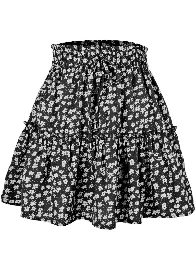 Loquat Women's Summer Cute High Waist Ruffle Skirt Floral Print Swing Beach Mini Skirt Black/White 