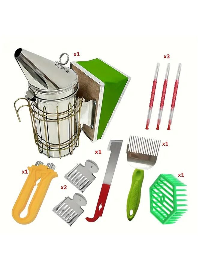 Professional Beekeeping Tools Kit 10 In 1 Stainless Steel Smoker Honey Fork Frame Tightener - Image 2