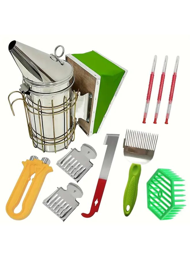 Professional Beekeeping Tools Kit 10 In 1 Stainless Steel Smoker Honey Fork Frame Tightener - Image 1