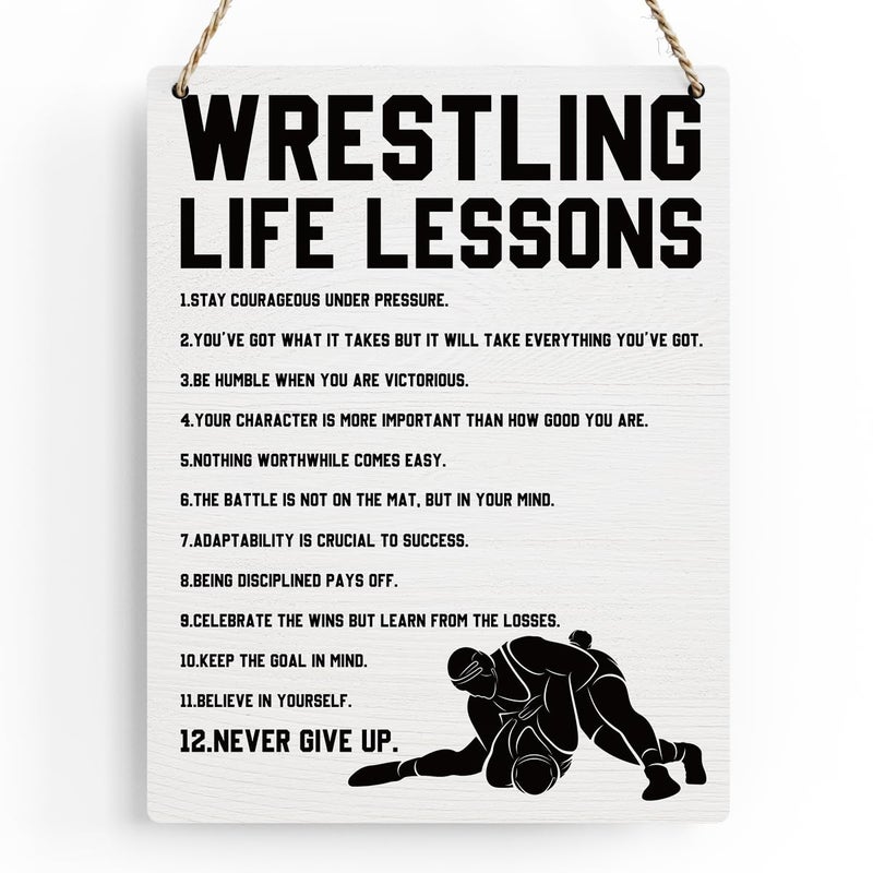 BELLOWDEER Wrestling Life Lessons Wooden Hanging Sign Inspirational Wrestling Wall Art Decor  Wrestling Wall Hanging Decor Signs for Home Office Bedroom Decoration 8x10 Inches - Image 1