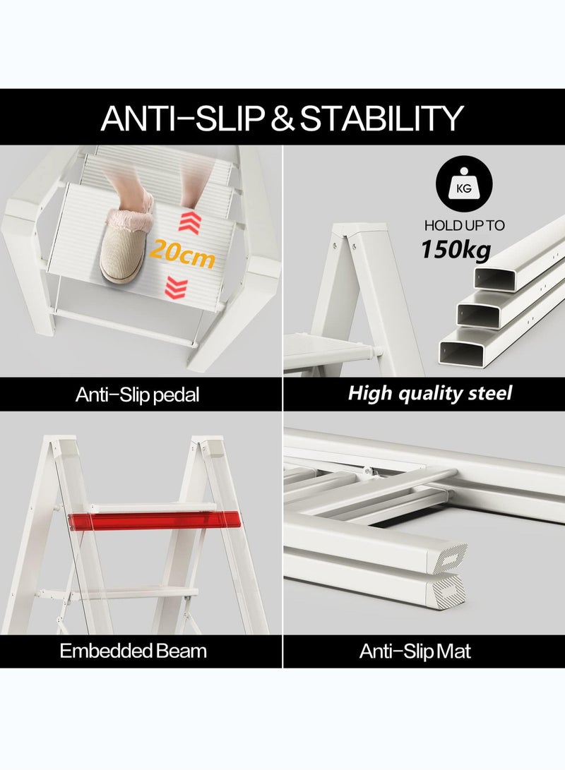 SUNRISE 3 Step Folding Step Stool,Steel Metal Step Stools Non-Slip Pedal,Small Portable Ladder Kitchen Lightweight Home Office Ladders  - Image 2