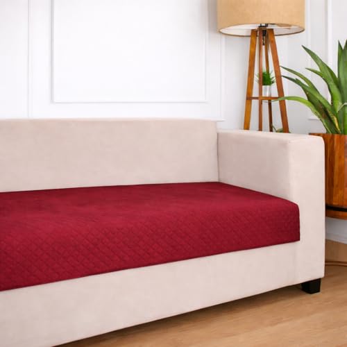 STITCHNEST 2 Seater Quilted Velvet Sofa Cover | Elegant Maroon Sofa Protector for Living Room | Soft, Washable | Perfect for Enhancing Living Room Interiors - Image 1