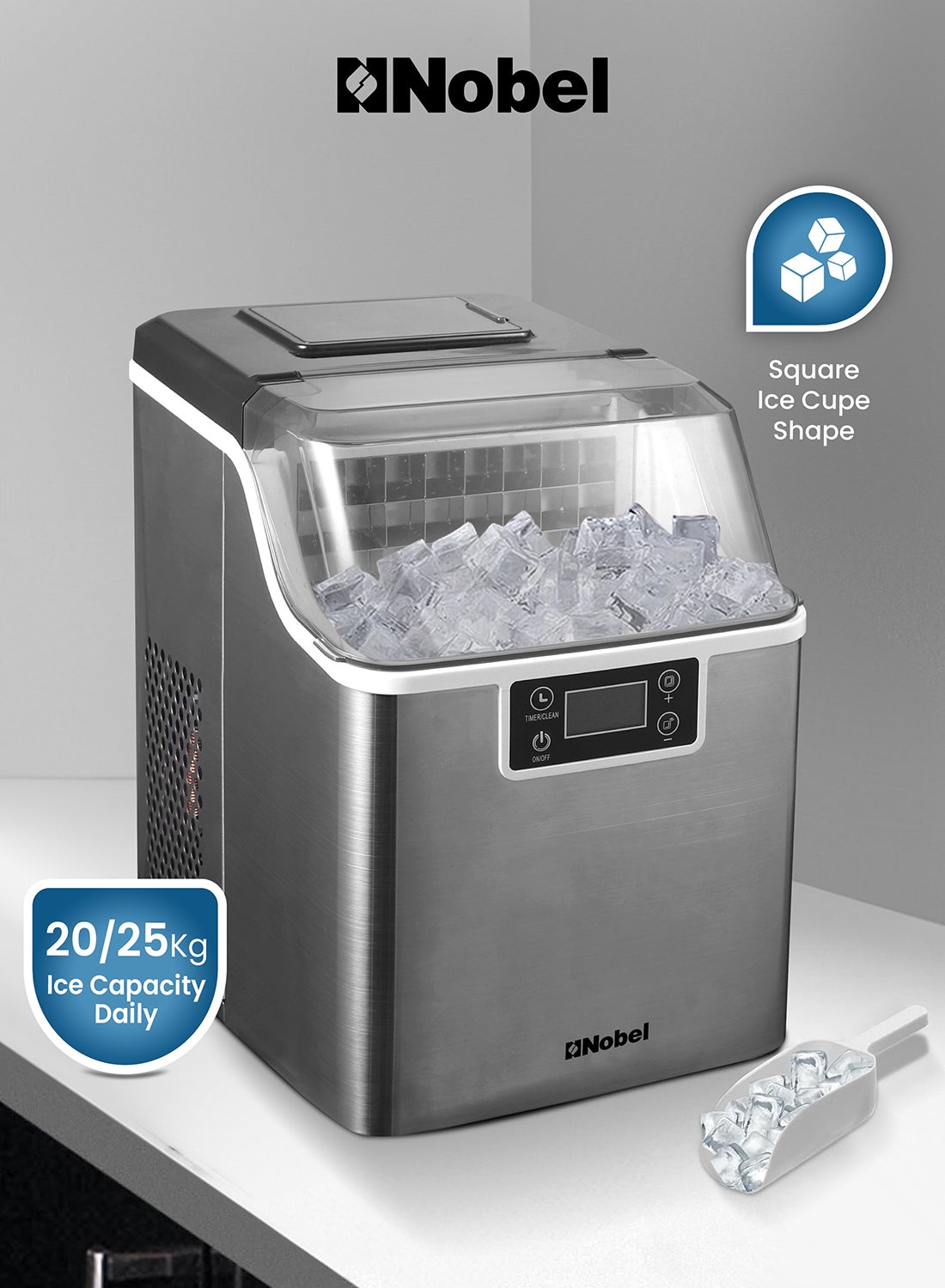 Ice Cube Maker, 3.2L Water Tank, 20-25 kg Daily Ice Capacity, Rapid 24 Ice Cubes in 15-20 Mins, Touch Button LCD Display, Infrared Sensor, Ice Full Indicator, Flip-up Door, Premium Stainless Steel 25 kg 100 W NIM27 Grey