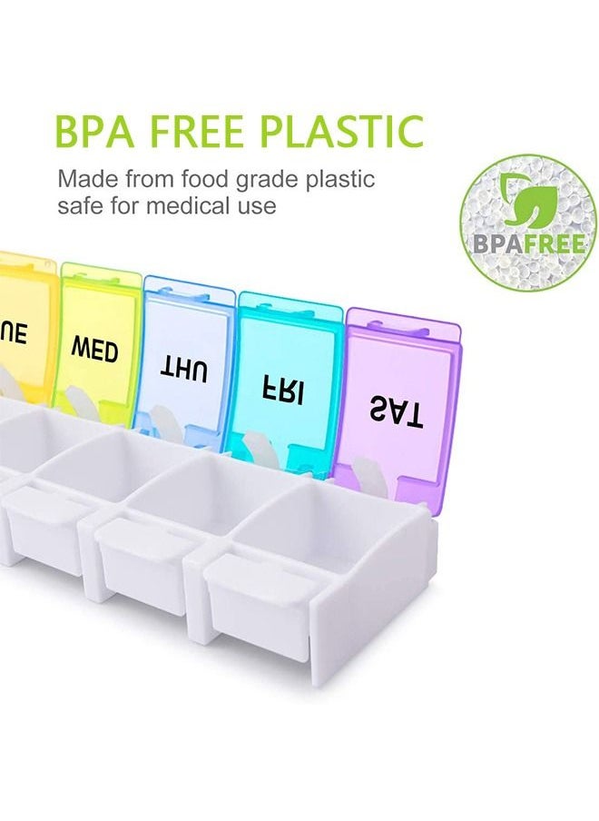 علبة حبوب أسبوعية، منظم سفر، علبة حبوب بلاستيكية خالية من مادة BPA لمدة 7 أيام بتصميم مفتوح بنابض وحجرة كبيرة، فيتامينات، مكملات زيت الكبد، صندوق تخزين محمول