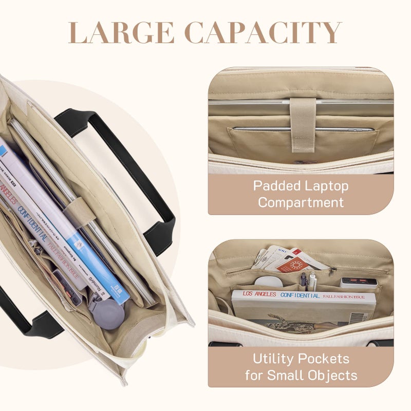 Missnine Tote Bag Canvas Laptop Bag 15.6 inch Briefcase for Women Large Capacity Handbag for Office, College, Travel (Black+Beige) - Image 3